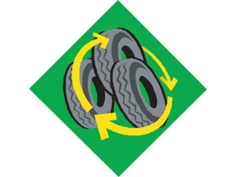 Illustration of three tires with yellow arrows showing tire rotation.