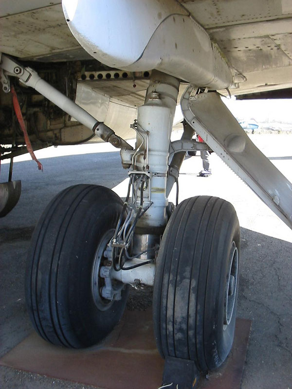 Close-up view of an aircraft’s landing gear with dual wheels and hydraulic components.