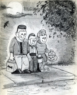 A black-and-white drawing shows three cartoon children in Halloween costumes