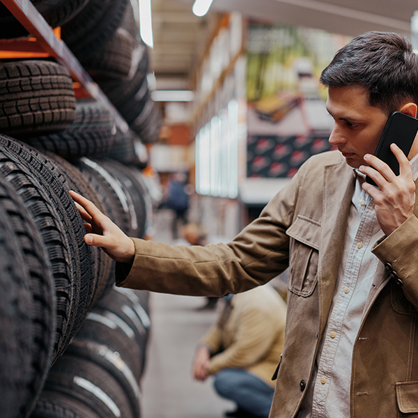 Man customer choosing new tires in the auto shop