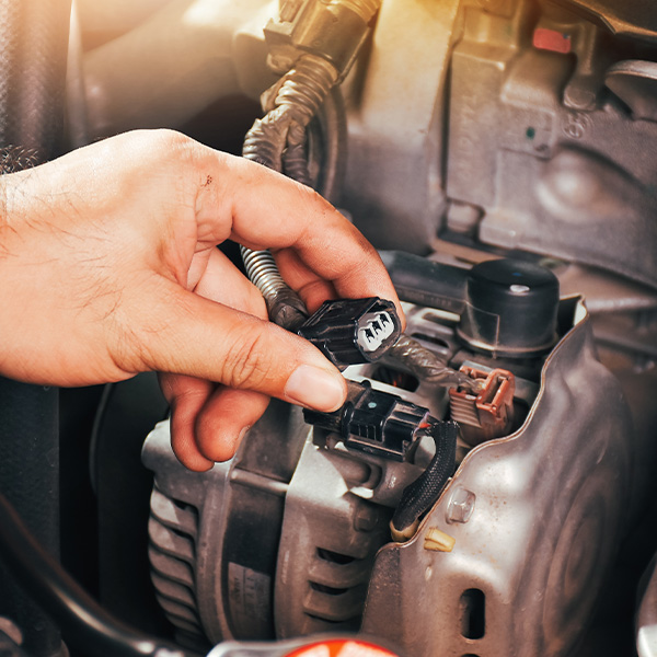 The auto mechanic hand is grasping the car alternator charger plug with sunlight