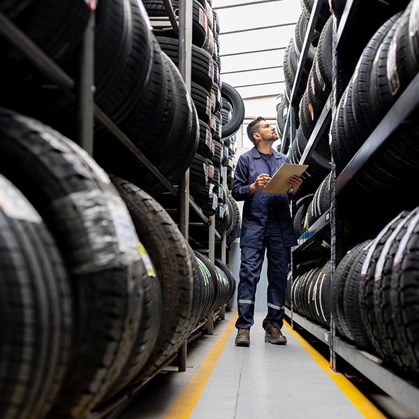Man working at a tire factory and doing an inventory