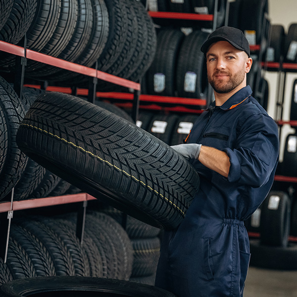 Man worker is maintenance station with tires