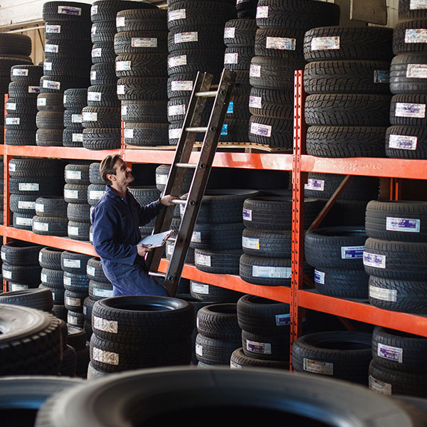 Mechanic holding a new car tire looking upward