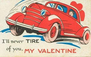 Vintage Valentine card with red car and love message